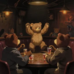 a dark noisy english night club, several teddy bear wildly dancing and drinking on the table, dark retro lighting, darkly playful color scheme, intricate details, matte painting, illustration, by hayao miyazaki