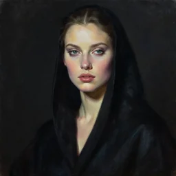 hyperrealism oil painting, close up portrait, fashion model, black robe in complete darkness, soft light, in style of classicism mixed with 8 0 s sci - fi hyperrealism