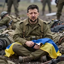 Volodymyr Zelensky at war,  dressed like  a Vietnam war American soldier ,  sitting on the ground between dead corpses , crying and weeping, holding a half burnt  flag of Ukraine, sharp focus, depth of field, hyper detailed, hyper realistic, High definition, by Murray George Webb