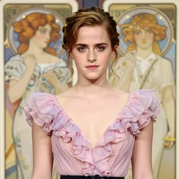 emma watson wearing revealing elegant pink and purple dress with flounces. beautiful detailed face. by artgerm and greg rutkowski and alphonse mucha