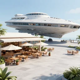 a plaza area with a open air restaurant at the side, on a large space cruiser, from a space themed lucasarts point and click 2 d graphic adventure game, art inspired by thomas kinkade