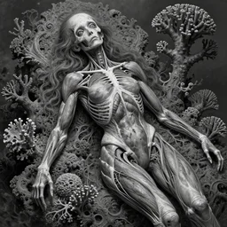 a very sad and detailed rotten woman corpse with fractal coral reefs and ornate growing all around, muscles, veins, arteries, bones, anatomical, skull, eye, ears, full body, intricate, surreal, ray caesar, john constable, guy denning, dan hillier, black and white