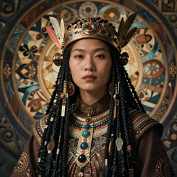 hyper realistic photography portrait of postapocalyptic medieval religious occult asian tribal amazon cinematic, brom, mucha, moebius juan gimenez artstation, cgsociety