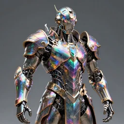 Award winning realistic artwork of a warrior god wearing iridescent technological armor, artstation, octane render