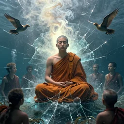 peaceful monk in a chaotic storm of liquid smoke, by petros afshar, sabbas apterus, brian sum, ross tran, tom whalen, shattered glass, bubbly underwater scenery, radiant light