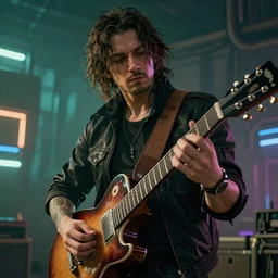 John frusciante playing his guitar hyperdetailed photorealism Cyberpunk 2077 unreal engine 5 4k very high quality surrealism