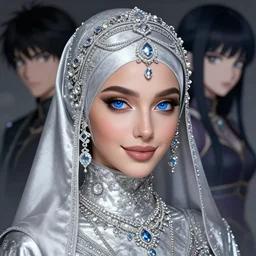 a beautiful woman rym amari wearing a hijab made of silver with jewelry and diamonds by karol bak, ayami kojima, artgerm, sakimichan, arabian beauty, blue eyes, smile, concept art, fantasy