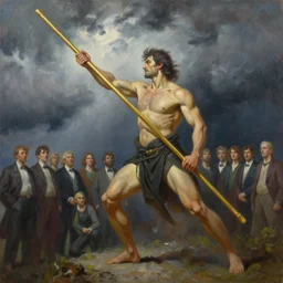 raijin with a long golden rod. strong storm in the background. realistic, highly detailed, oil painting. by oil painting in a modern style, very detailed, painted by greg rutkowski, sachin teng, thomas kindkade, alphonse mucha, norman rockwell, tom bagshaw, bowater charlie, mark brooks, julie bell, arian mark, tony sandoval