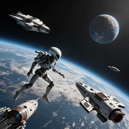 alien fight with humans in space with spaceships while the planets are seen