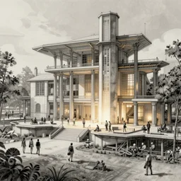 panoramic highly detailed taliesin, key project for ellis island, global illumination, radiant light, detailed and intricate environment, sketch drawing by frank lloyd wright