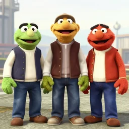 a screenshot from GTA V with muppets, photorealistic