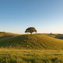 an award winning landscape photo of the south downs in summer, showing a single tree on rolling hills, golden hour with blue skies in the style of finn hopson