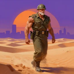 detailed concept art background matte painting, strong muscular older soldier roaming through desert with city in the skyline, two suns, purple orange colors, sharp focus, illustration, highly detailed, digital painting, concept art, matte, art by wlop and artgerm and greg rutkowski, masterpiece
