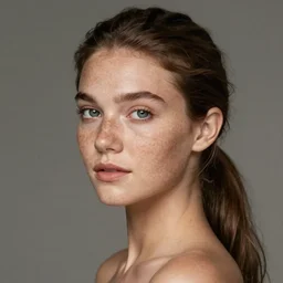 Portrait of a beautiful woman, hair ponytail, freckles, by Mandy Jurgens