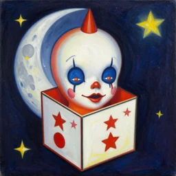 one face+stars+moon+semi-realism painting: psychedelic+j.c. leyendecker+colorful+jack in the box