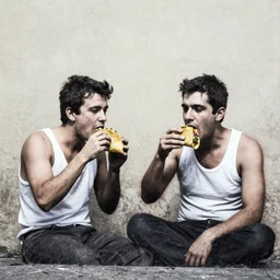 two guys in tank tops eating tacos, banksy street art