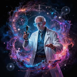 quantum field, science fiction comic book art, mad scientist, splashes of galaxy colors, trending on artstation, depth of field, neural networks made of beautiful astrology
