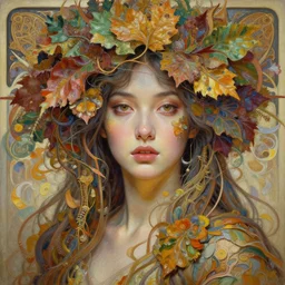 a beautiful woman portrait in intricate detailed color oilpaint, 3 d render, hyper realistic detailed portrait, big flocking color leaves, thin fractal tendrils, ornate leaves, elegant, intense colors, ruan jia, wlop. scifi, fantasy, hyper detailed, wide shot, octane render, concept art, by peter mohrbacher, by alphonse mucha, by wlop, by