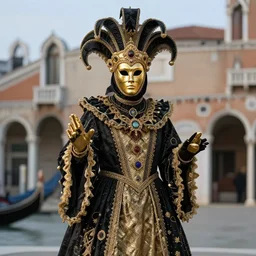 full standing figure baroque cultist wearing large occult headpiece, skirt, venice carnival, full face gold Volto mask, mid shot, hyperrealistic