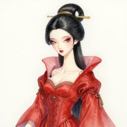 watercolor painting of avant - garde portrait of an asian bjd geisha vampire queen with a long neck in a victorian red dress painted by yoshitaka amano, daniel merriam, ayami kojima, intricate detail, artstation, artgerm, in the style of dark - fantasy, rococo, gold leaf art