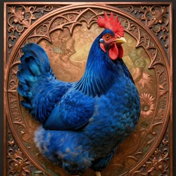 beautiful rega muscularl blue chicken hen centered, artwork by james jean, hyper detailed realistic smooth, jean delville, art nouveau, gustav klimt, ornate copper patina gothic icon, james jean, ultrasharp hyperdetailed photorealistic octane render