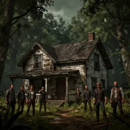 small old house in the deep dark woods, sweaty and dirty, in the style of red dead redemption, criminals posing outside, concept art, artstation