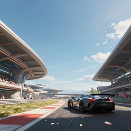low angle wide angle shot worms eye view looking up to the sky of a realistic futuristic racetrack winners circle with confetti on a sunny day with a clear blue sky, cyberpunk, profile shot, digital painting, good value control, fourze, realistic textures, 8 k, octane render