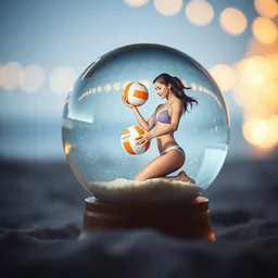 snow globe with trapped female beach volleyball player in bikini holding ball inside beach volleyball inside, depth of field, bokeh
