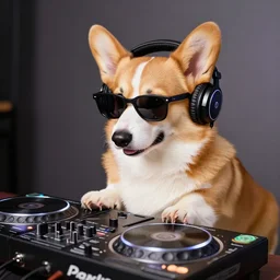 a terminator corgi with heaphones and sunglasses DJing with DJ turntables, photoreal