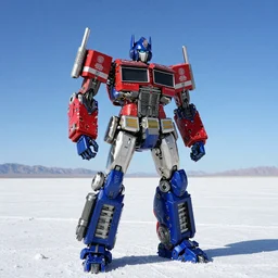 Jetfire from Transformers on a clear sunny day with a blue sky standing in the bonneville salt flats, Robot Model Kit, DX Chogokin, Bandai, Jetfire!!!!!, Transformers!!!!!!!!!!!!!, Transformers Armada!!!!!, Skyfire, Jet parts, Intricate, Robot made of Jet Parts, Fuselage, Battroid Mode, Zone of Enders, Anime Robots, Mecha Anime, Anime, Robots, Robot, Robot Mode, 8k, ultra realistic, illustration, splash art, rule of thirds, good value control