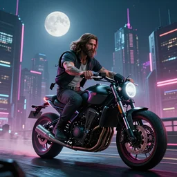 cyberpunk jesus on a futuristic motorcyle, in front of a mega city, volumetric lights, moon shine, neon lights, highly detailed, hand drawn, unreal engine