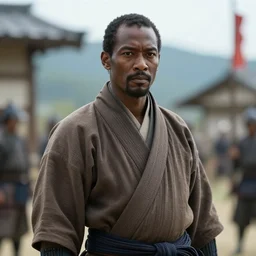 a film still of a light skinned black man starring as an ancient samurai in a japanese blockbuster film, shallow depth of field, cinematic, award winning cgi, vfx, film still
