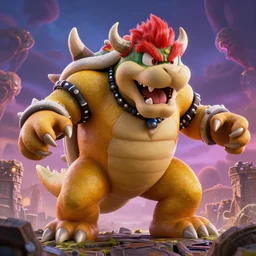 demonic Kaiju Bowser roaring into the sky, muscular arms, standing upright, talons, horns, super Mario, horror, Cthulhu, highly detailed, ruined kingdom