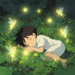 several tiny fairies shown as balls of light clustered around the sleeping body of a young boy. By Makoto shinkai. Angus McBride. WLOP. Masterpiece.