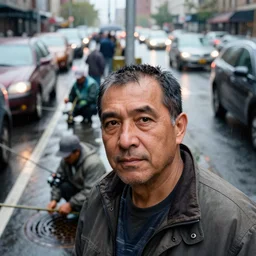 closeup portrait of a group of fishermen trying to fish in the manholes in between car traffic in rainy new york street, by David Lazar, natural light, detailed face, CANON Eos C300, ƒ1.8, 35mm, 8K, medium-format print