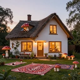 exterior of an amanita muscaria mushroom house during sunset with soft lamp light, lots of plants rugs