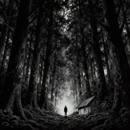 lonely man, dark forest, alone in the woods, rotogravure, dark, majestic, powerful, dark fantasy manga artstyle, by gustave and inoue takehiko, small cabin