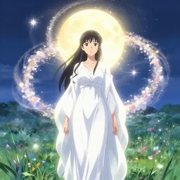 lunar priestess portrait, white silk gown, flower vortex sparkling, radiant halo of light, artgerm, makoto shinkai, sylvain sarrailh, solar meadow, moonlight