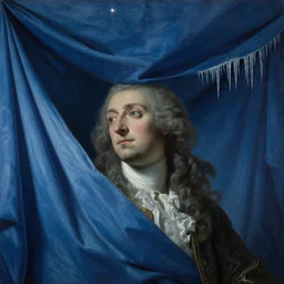 new years day prometheus, winter blue drapery, hanging tarp ceiling showing the stars, icicles, stoic, light dust, magnificent, hyperdetailed, theatrical, close up, masterpiece, painted by jean honore fragonard and greg rutkowski
