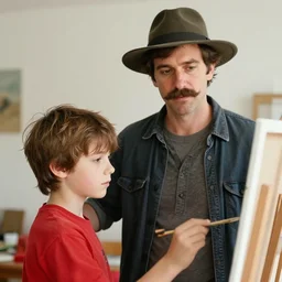 a man with brown hair, mustache with a fedora hat, standing next to a boy with a red shirt a messy brown hair painting