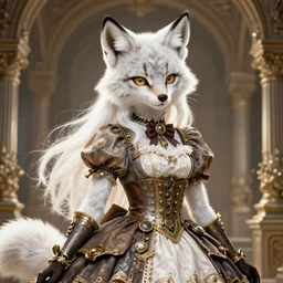 the portrait of anthropomorphic lynx fursona wearing a steampunk dress as unimaginably beautiful, gorgeous, elegant, young lynx, an ultrafine hyperdetailed illustration by hioshiru, intricate linework, white fur, unreal engine 5 highly rendered, global illumination, radiant light, detailed and intricate environment