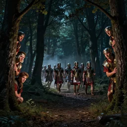 picts peeking out from behind trees at night watching roman soldiers march through the forest, 4 k, concept art, by wlop, ilya kuvshinov, artgerm, krenz cushart, greg rutkowski, pixiv. cinematic dramatic atmosphere, sharp focus, volumetric lighting, cinematic lighting, studio quality