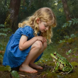 a beautiful detailed intricate photorealistic painting of a young blond girl in a blue dress in a forest, crouching down talking to. a frog. vibrant. beautiful. photorealistic. hd. hq. trending on arstation.