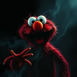 horrific scary horror movie poster of evil scary elmo with either coming out of the deep endless dark shadows very scary