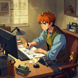 fantasy engineer, dnd, rpg, inventor, office desk, artgerm, video game