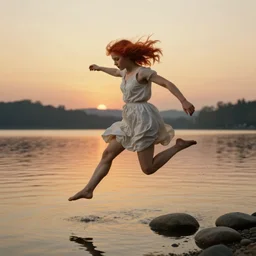 a girl with red hair skipping stones on a lake at sunset, in the style of Raffaello Sanzio