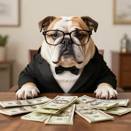 english bulldog in tuxedo and glasses at table with pile of money, artstation