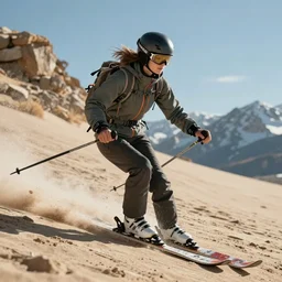 a photorealistic of actress jane seymour skiing on a sand dune. cinematic lighting, accurate face, illuminated scene. this 4 k hd image is trending on artstation, featured on behance, well - rendered, extra crisp, features intricate detail, epic composition and the style of unreal engine.