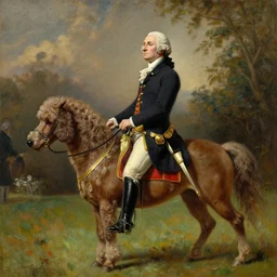 Detailed oil painting of George Washington riding a poodle