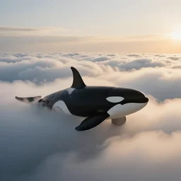 photo manipulation, orcas swimming in clouds, golden hour, fantastical